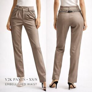 Y2K Chic Nude Embellished Slim Pants | Size M (Fits S) | Statement Trousers